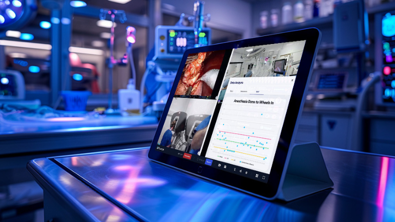 Connected surgery software platform displayed on tablet inside digital operating room