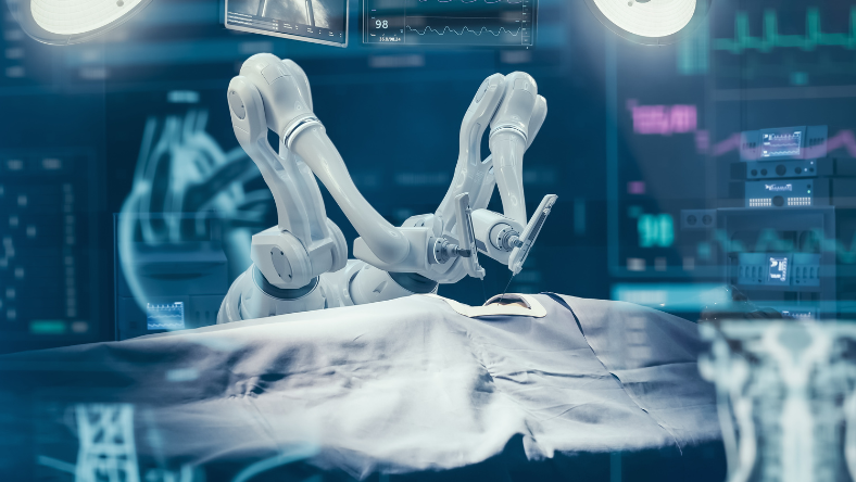 Autonomous surgical robot performing procedure on operating table in lab setting