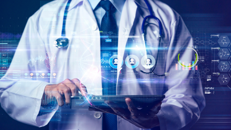 Doctor using digital dashboard to monitor operating room performance data