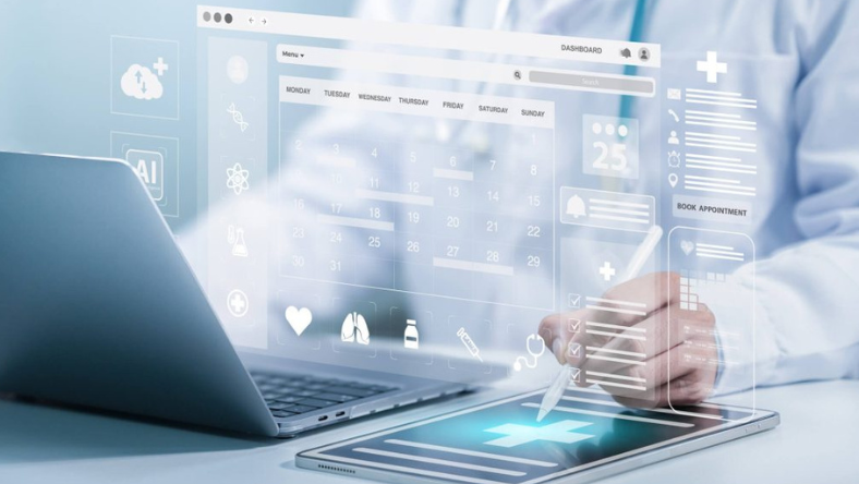 Healthcare professional using predictive analytics dashboard for surgery scheduling