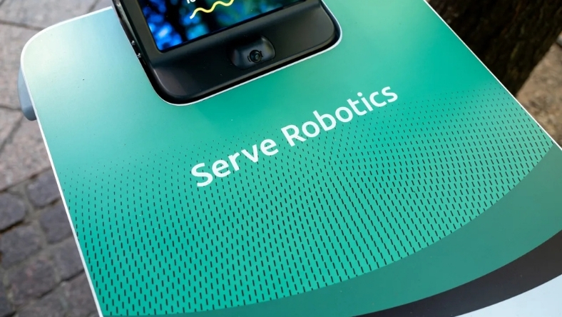 Serve Robotics hospital service robot showing branded top panel