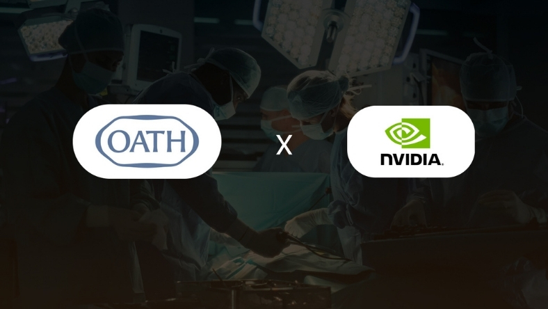 AI healthcare partnership graphic shown over a surgical operating room scene
