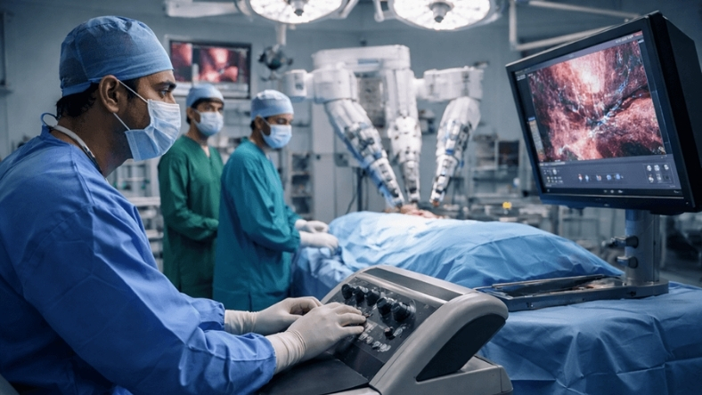 Surgeons operating robotic surgery system in hospital operating room
