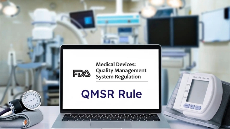 Laptop displaying FDA QMSR rule in medical device quality setting