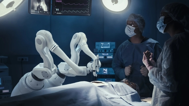 Surgeons observing robotic arms during AI-driven surgical procedure