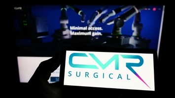 CMR Surgical branding on smartphone with robotic arms behind