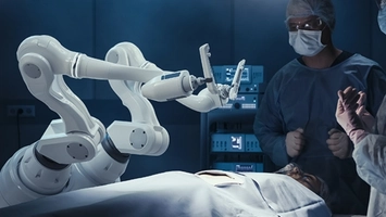 White robotic arms above a patient with surgeon and assistant in OR