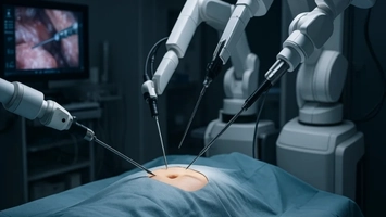 Multiple white robotic arms positioned over a patient during a minimally invasive robotic surgery procedure